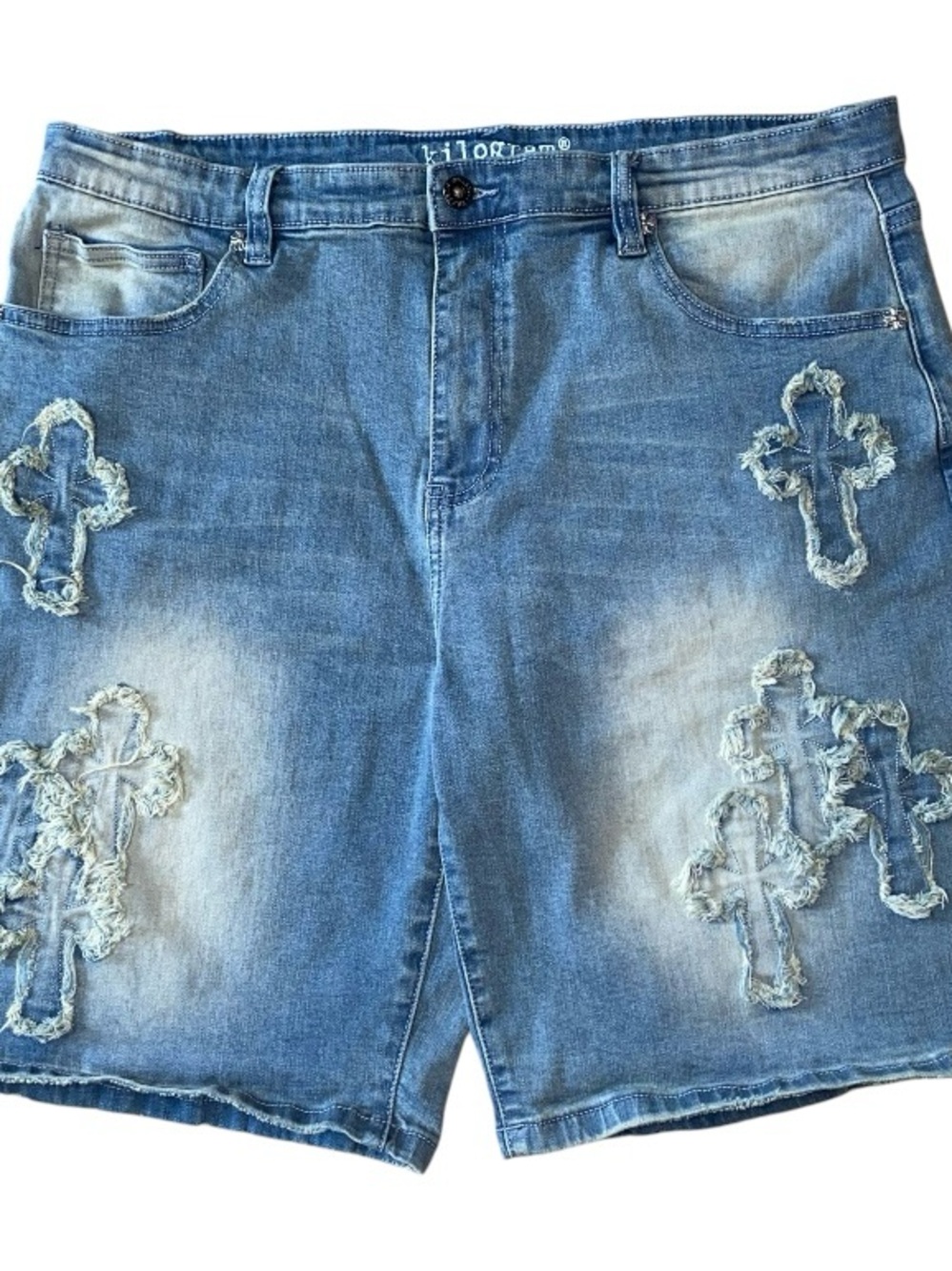 Kilogram Bermuda Denim Shorts Mens Size 36 Distressed Cross Embroidery Blue (F)